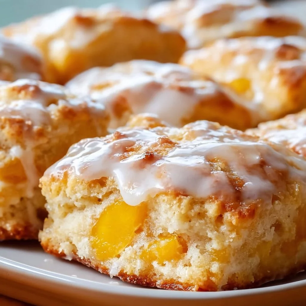Freshly baked peach butter swim biscuits served on a plate with butter and peach slices.