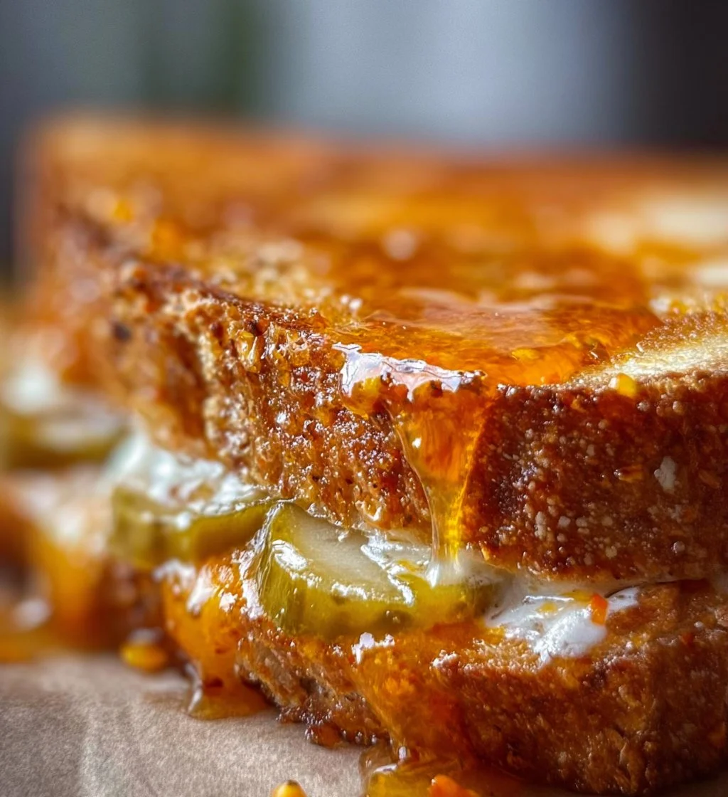 Delicious pickle grilled cheese sandwich on a plate with melted cheese and pickles