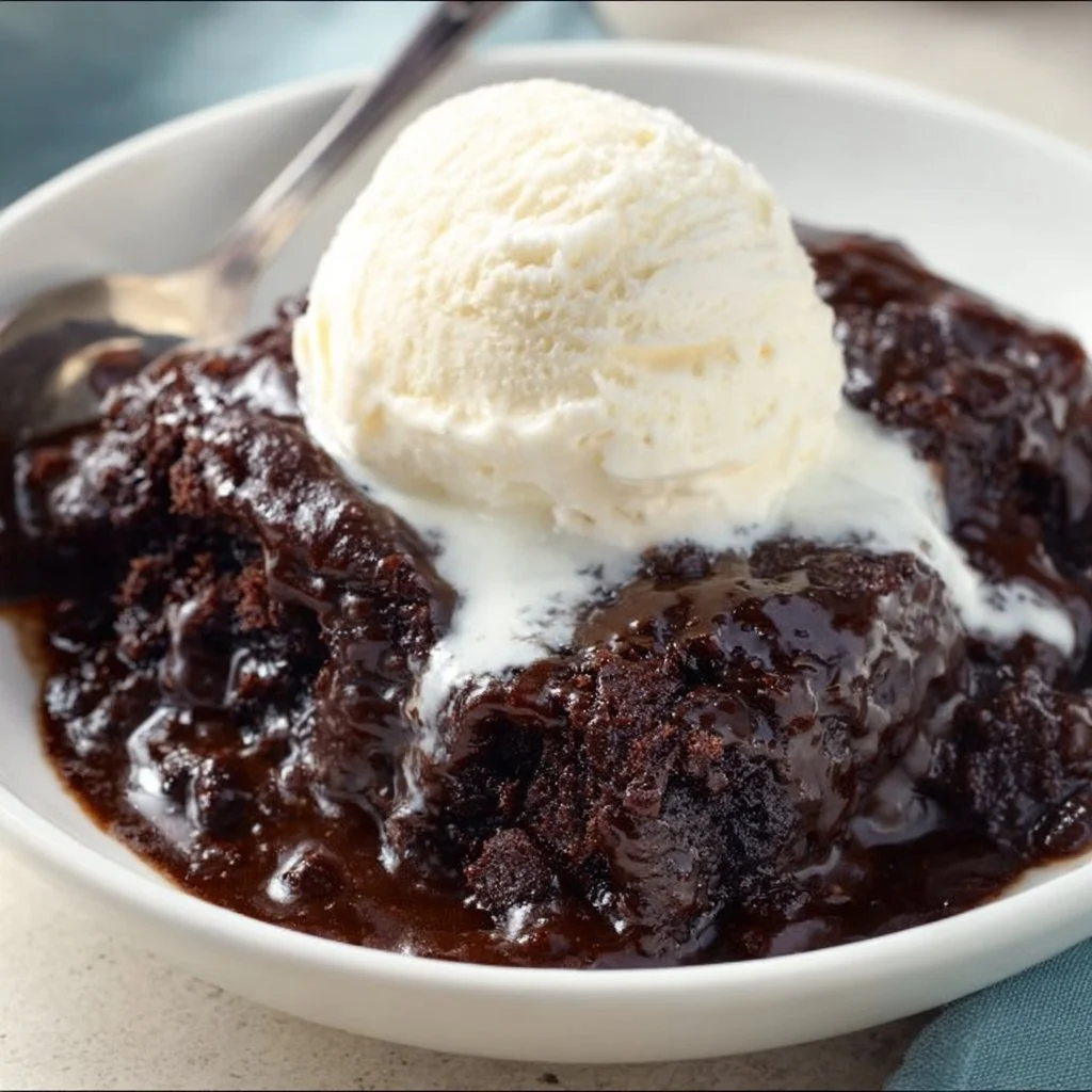 Delicious Slow Cooker Brownie Pudding served in a bowl with a spoon.