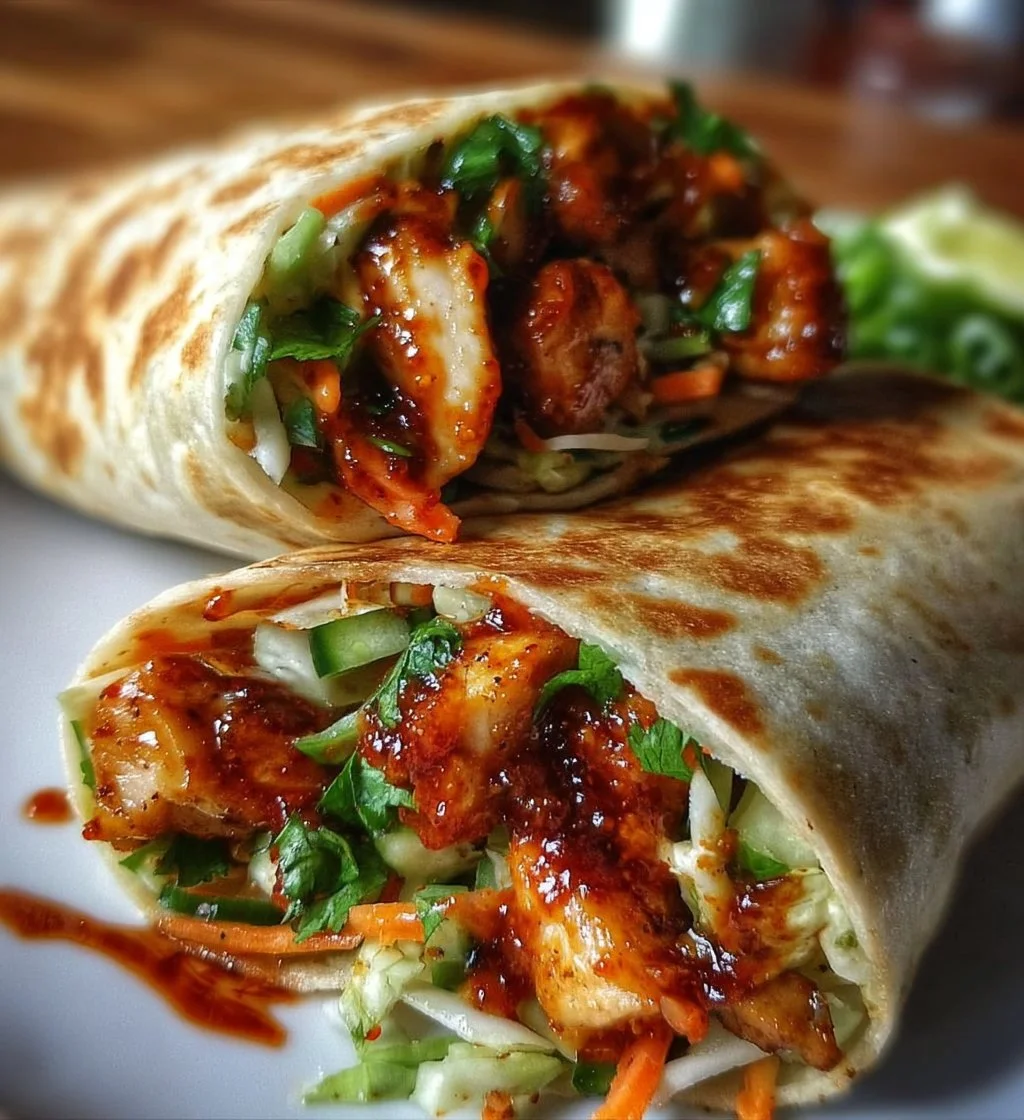 Sweet Chili Chicken Wraps served with fresh vegetables and a zesty sauce